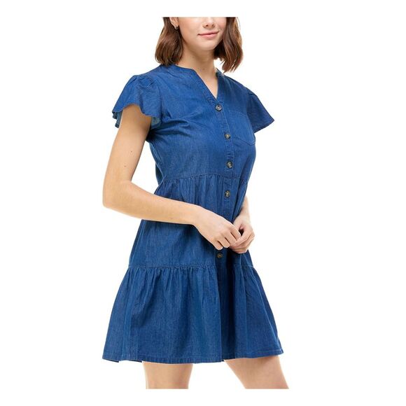 Rosie Harlow Womens Blue Chambray Flutter Sleeve Split Short A-Line Dress XS - Picture 3 of 4